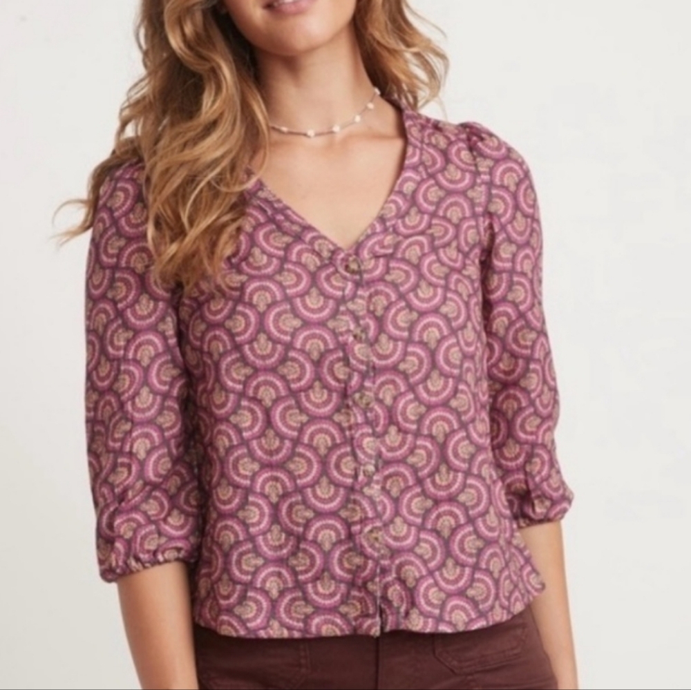 Marine Layer NWT Printed Colette Doublecloth Fan Block Print Top